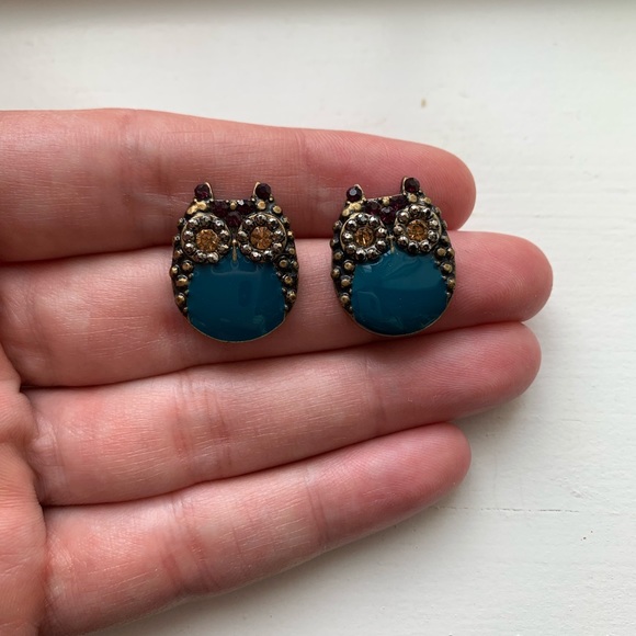 Cute brass & turquoise enamel owl earrings - Picture 7 of 7